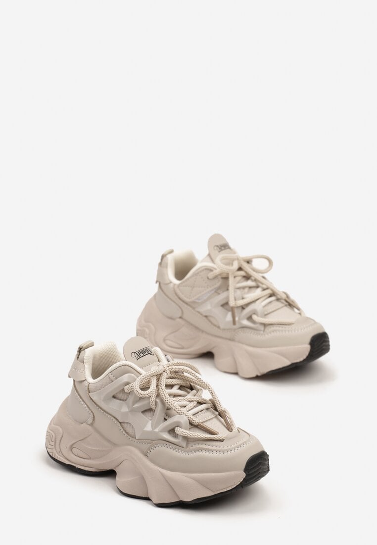 Beżowe Sznurowane Buty Sportowe Sneakersy na Grubej Tłoczonej Podeszwie Arionella