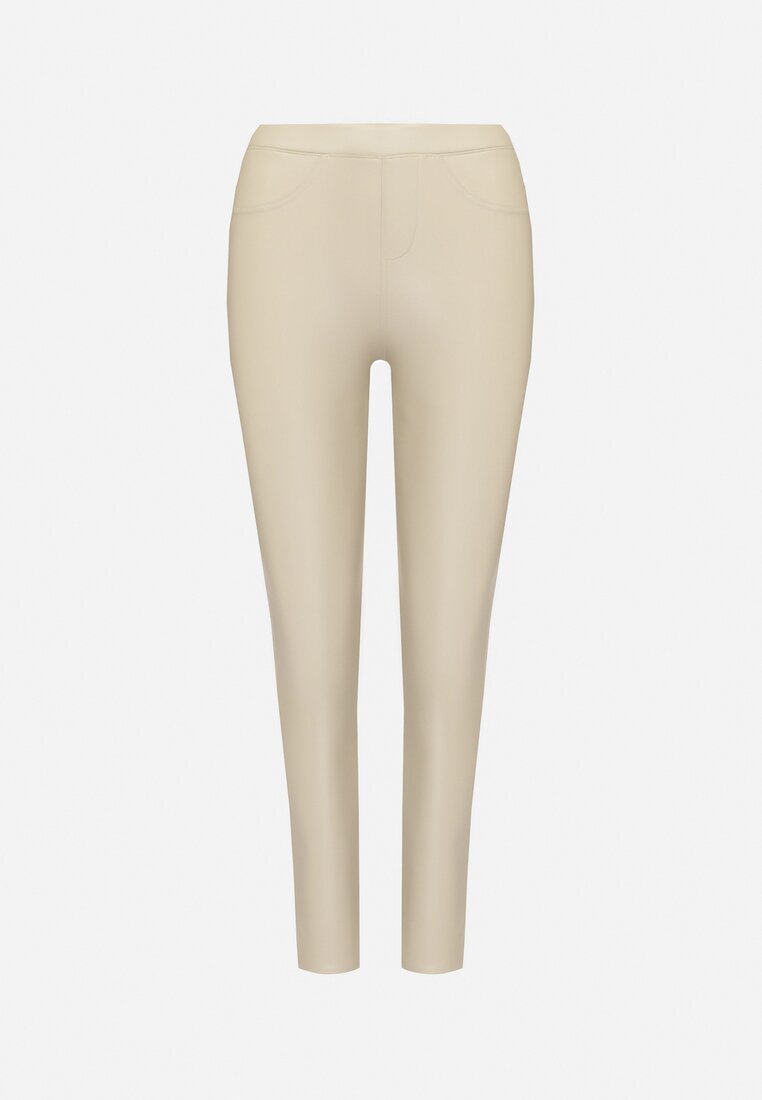 Jasnobeżowe  Legginsy z Ekoskóry z Wysokim Stanem i Imitacją Kieszeni Merievia