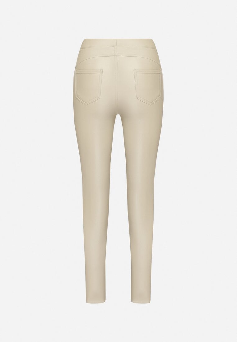 Jasnobeżowe  Legginsy z Ekoskóry z Wysokim Stanem i Imitacją Kieszeni Merievia
