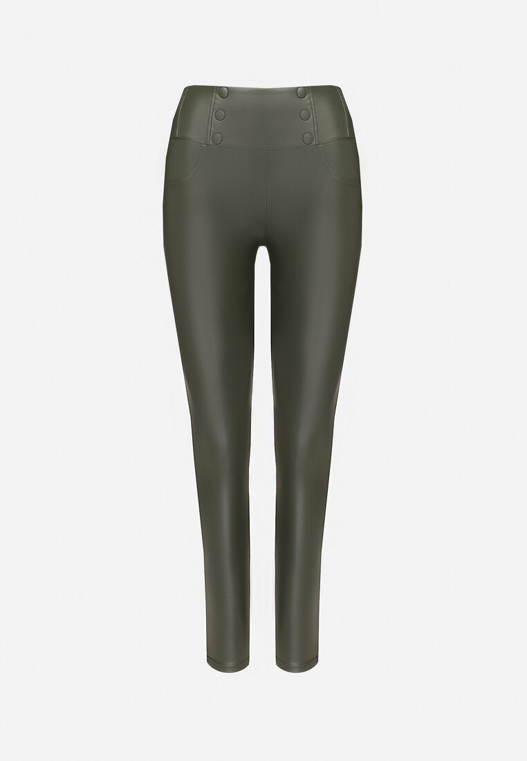 Ciemnozielone Legginsy z Ekoskóry Ocieplane z Efektem Push-Up Labrisa