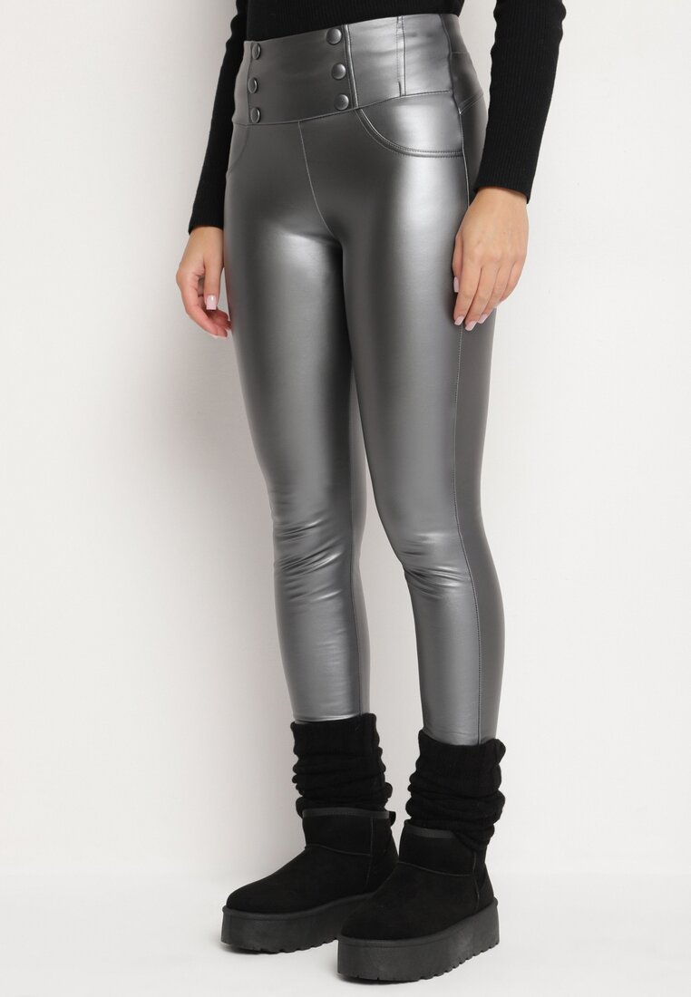 Szare Legginsy z Ekoskóry Ocieplane z Efektem Push-Up Labrisa