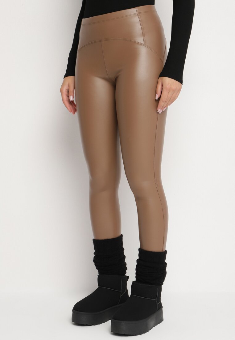 Brązowe Legginsy z Ekoskóry Ocieplane z Efektem Push-Up Labrisa