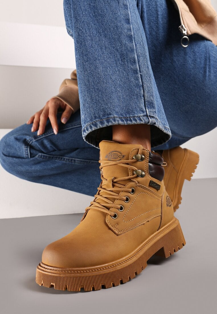 Brązowe Botki Trekkingowe na Płaskiej Podeszwie ze Sznurowaniem Sinalis