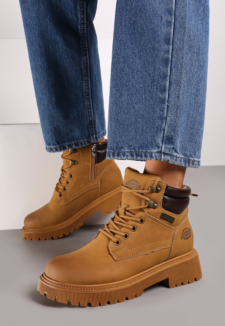 Brązowe Botki Trekkingowe na Płaskiej Podeszwie ze Sznurowaniem Sinalis