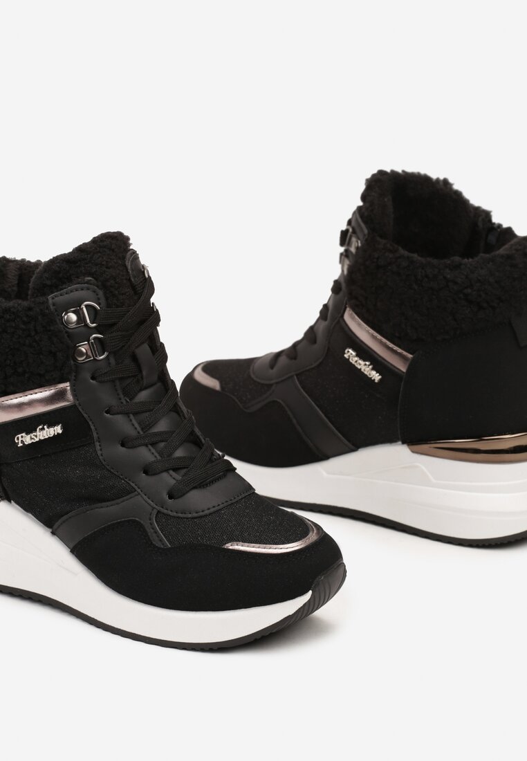 Czarne Sneakersy na Koturnie za Kostkę z Brokatem Sinthaine