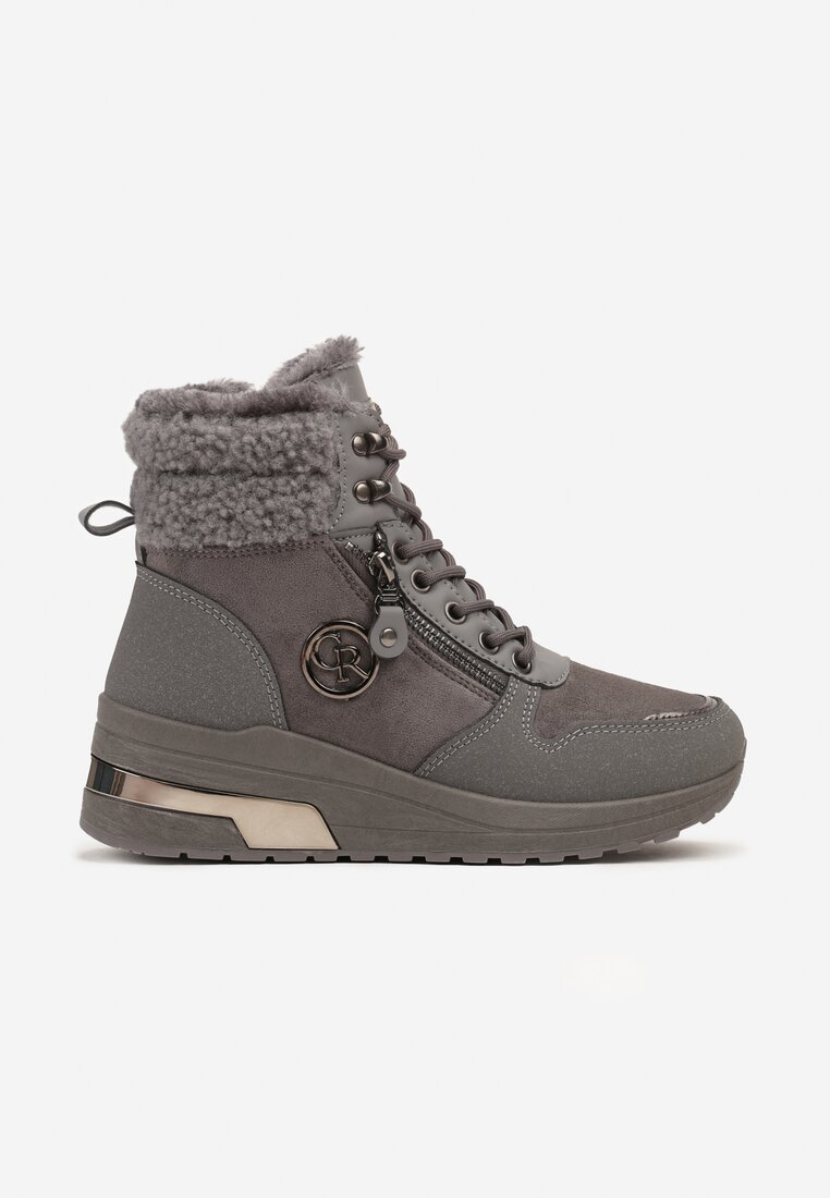 Szare Sneakersy na Koturnie z Wysoką Cholewką Aplikacją i Futerkiem Typu Baranek Sinirithe