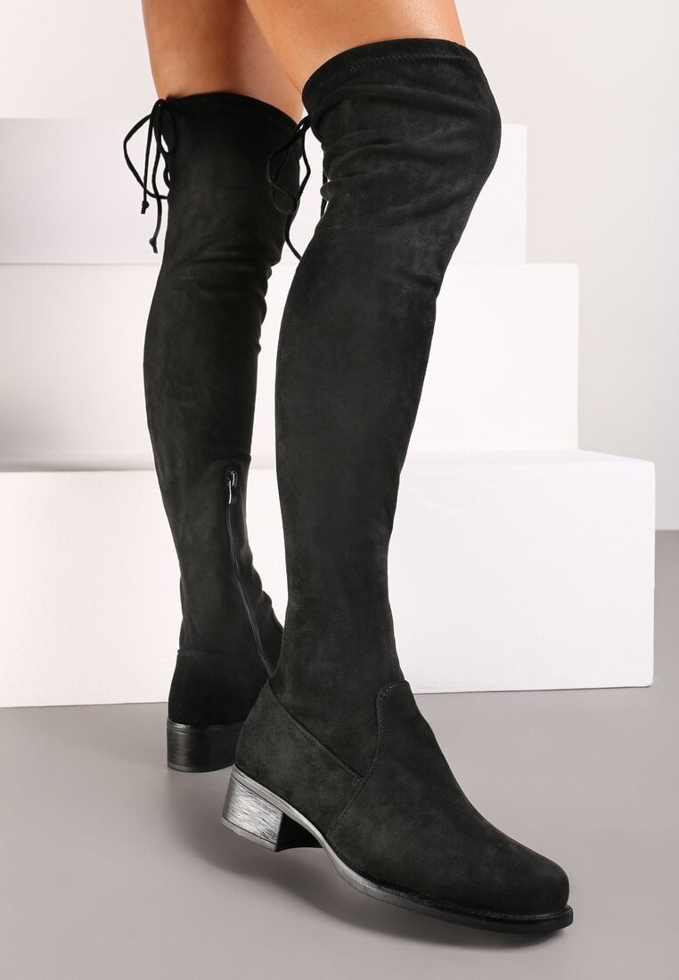 Czarne Płaskie Kozaki w Stylu Muszkieterek Ściągane Troczkiem Avasira