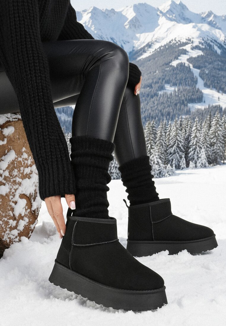 Czarne Klasyczne Śniegowce na Platformie z Niską Cholewką Lobissa