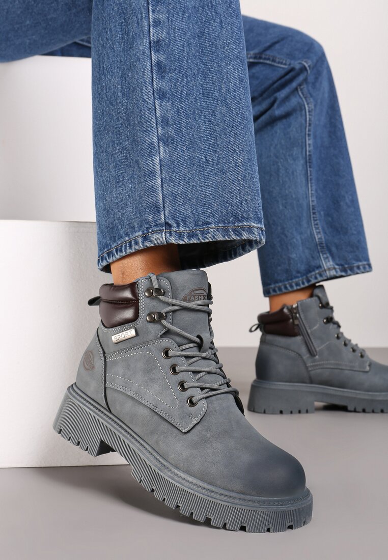 Szare Botki Trekkingowe na Płaskiej Podeszwie ze Sznurowaniem Sinalis