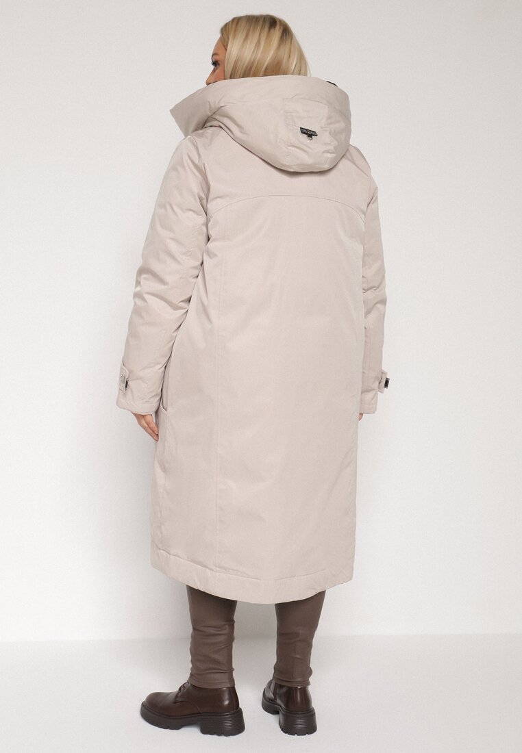 Beżowa Kurtka z Kapturem o Wydłużonym Fasonie z Kieszeniami na Suwak Loreldra
