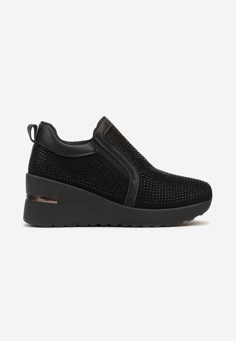 Czarne Sneakersy na Koturnie z Metaliczną Wstawką i Cyrkoniami Melobina