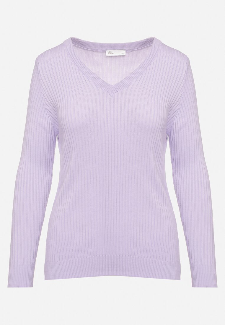 Fioletowy Sweter z Trójkątnym Dekoltem z Prążkowanej Dzianiny Derige
