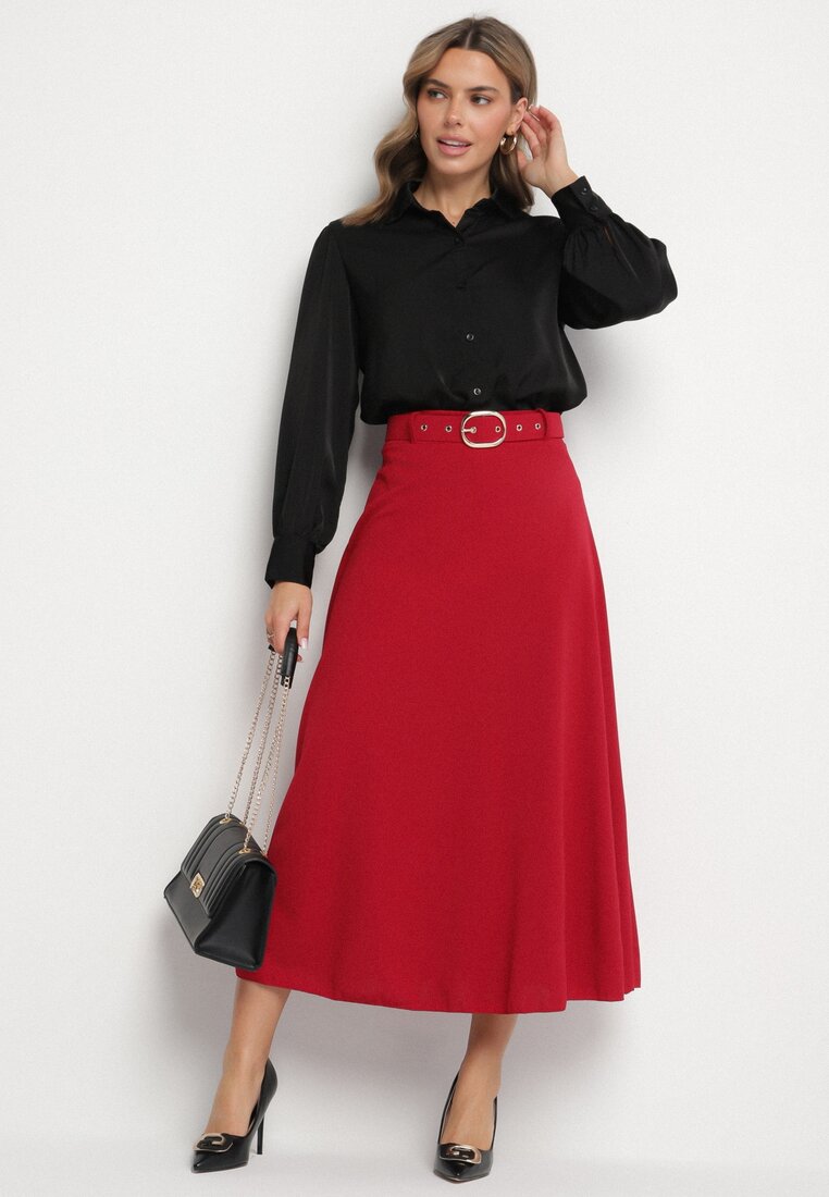 Bordowa Rozkloszowana Spódnica z Wysokim Stanem Ozdobiona Paskiem z Klamrą Lobir