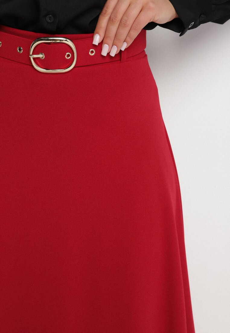 Bordowa Rozkloszowana Spódnica z Wysokim Stanem Ozdobiona Paskiem z Klamrą Lobir