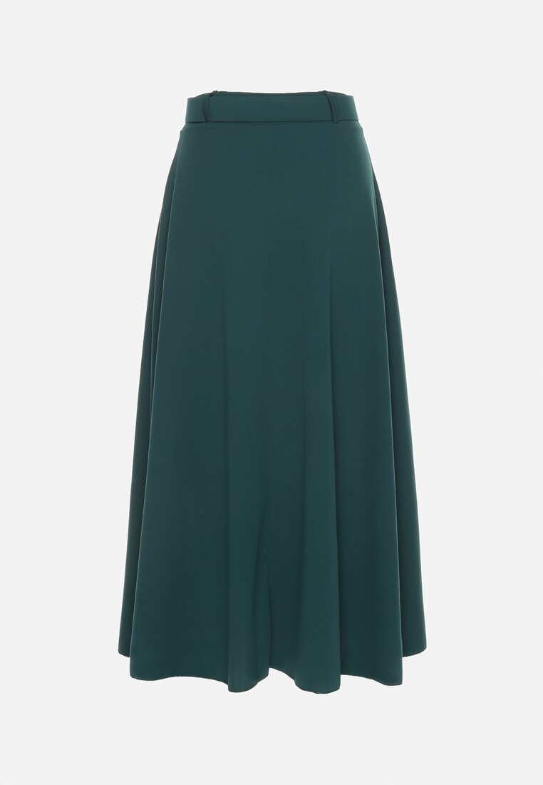 Ciemnozielona Rozkloszowana Spódnica z Wysokim Stanem Ozdobiona Paskiem z Klamrą Lobira