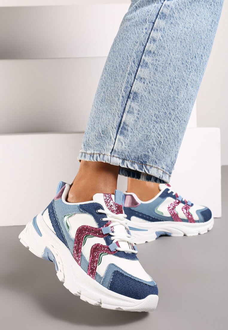 Niebieskie Sneakersy na Grubej Podeszwie z Brokatowymi Wstawkami Sairiel