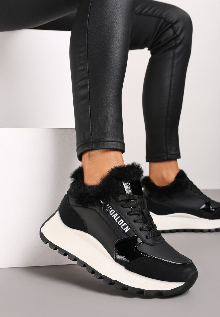 Czarne Sneakersy na Platformie Zdobione Futerkiem Kelilora