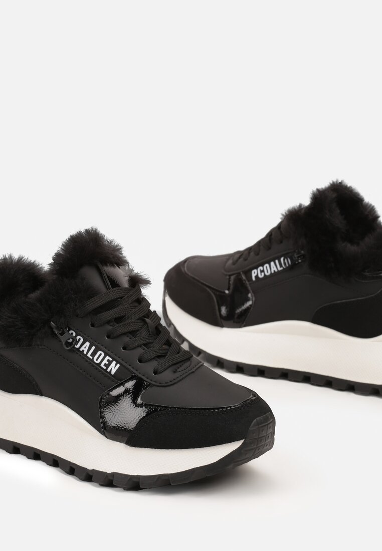 Czarne Sneakersy na Platformie Zdobione Futerkiem Kelilora