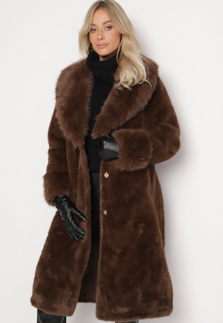 Brązowy Futerkowy Płaszcz z Szerokim Kołnierzem i Mankietami z Wiązanym Paskiem Viaruna