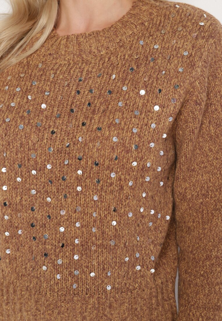 Brązowy Sweter z Bawełną Ozdobiony Cekinami Savalenne