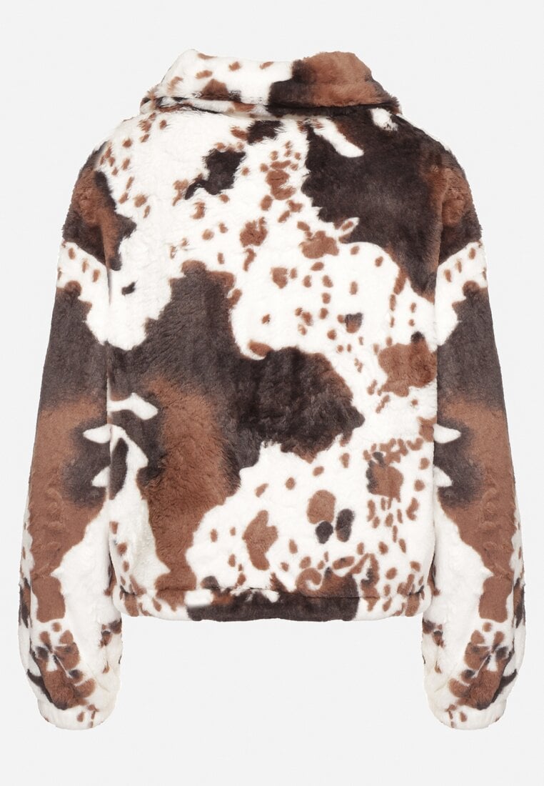 Czarno-Biała Futerkowa Kurtka ze Ściągaczami i Kołnierzykiem w Animal Print Fortilia