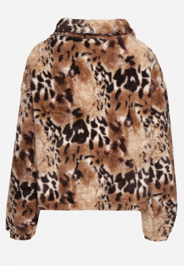 Czarno-Beżowa Futerkowa Kurtka ze Ściągaczami i Kołnierzykiem w Animal Print Fortilia