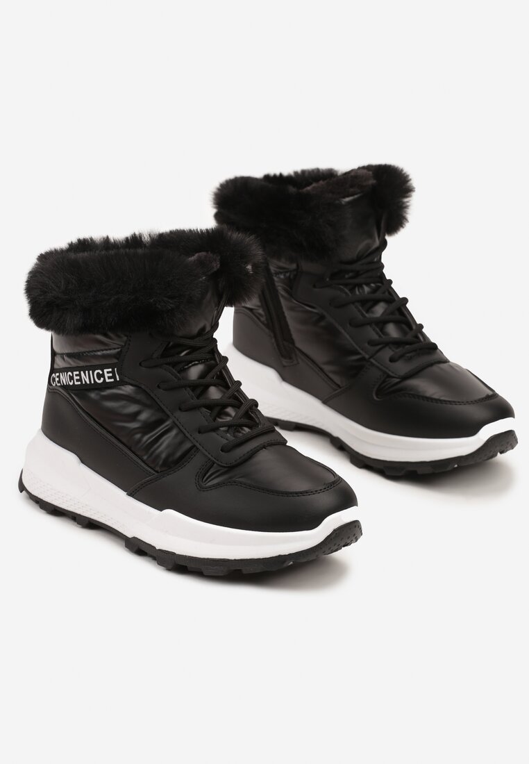Czarne Sznurowane Śniegowce Sneakersy z Futerkiem Zinanya