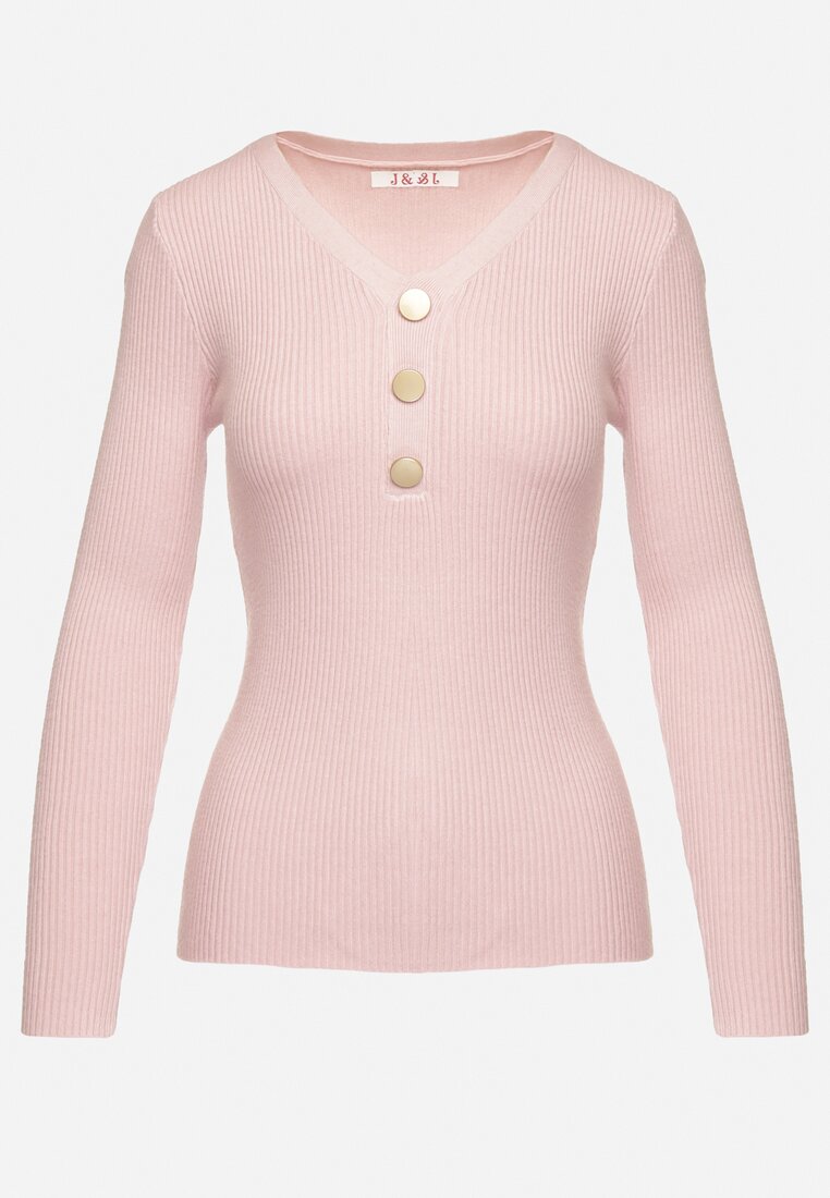 Jasnoróżowy Sweter z Bawełną z Prążkowanego Materiału Ozdobiony Guzikami Zinfera