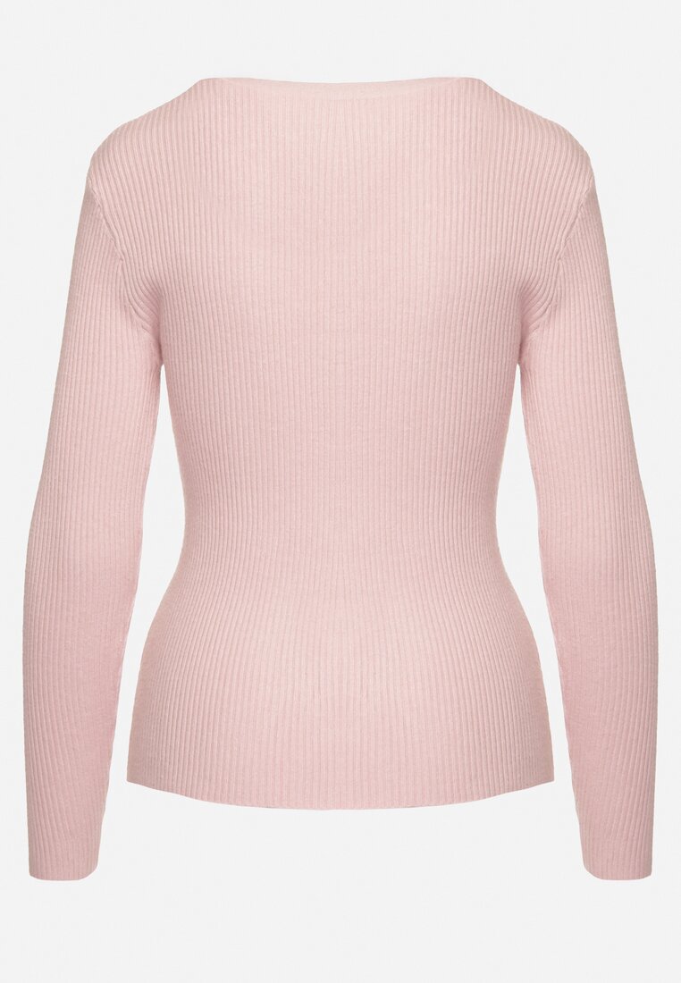 Jasnoróżowy Sweter z Bawełną z Prążkowanego Materiału Ozdobiony Guzikami Zinfera