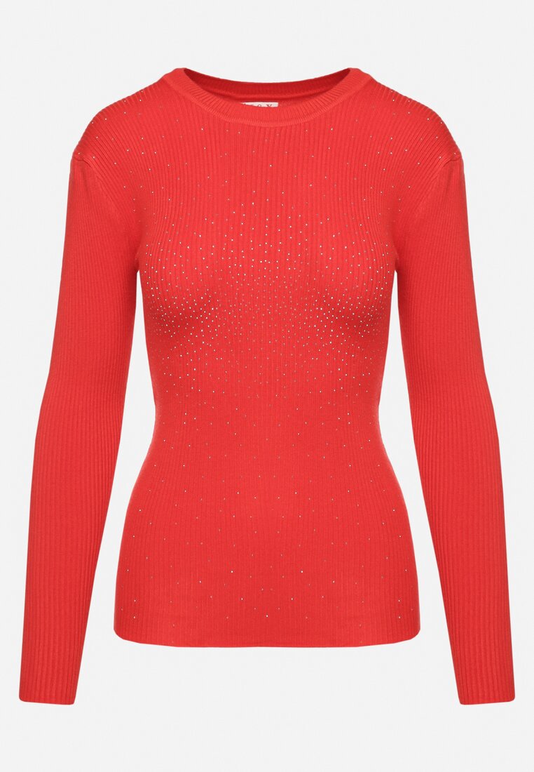 Czerwony Sweter Prążkowany z Cyrkoniami Romivra