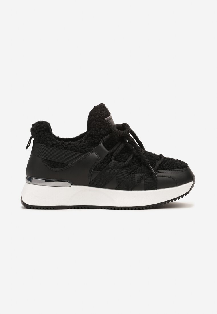 Czarne Sneakersy z Futerkiem Typu Baranek na Grubej Podeszwie Zinithara