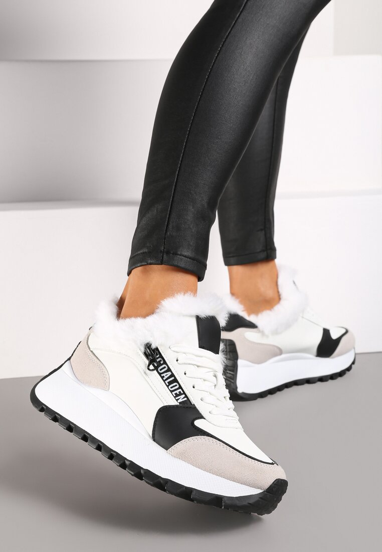 Białe Sznurowane Sneakersy na Grubej Podeszwie Ozdobione Futerkiem i Napisem Zinira