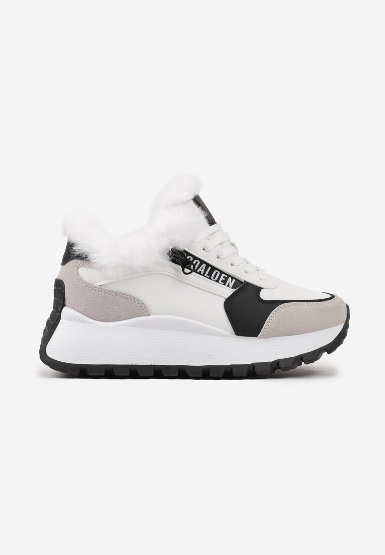 Białe Sznurowane Sneakersy na Grubej Podeszwie Ozdobione Futerkiem i Napisem Zinira