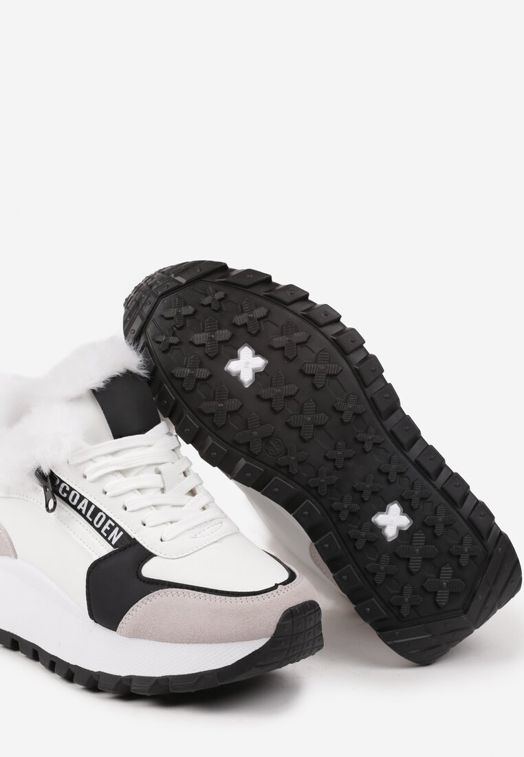Białe Sznurowane Sneakersy na Grubej Podeszwie Ozdobione Futerkiem i Napisem Zinira