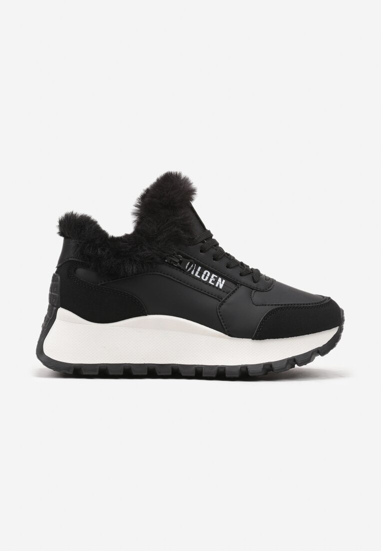 Czarne Sznurowane Sneakersy na Grubej Podeszwie Ozdobione Futerkiem i Napisem Zinira