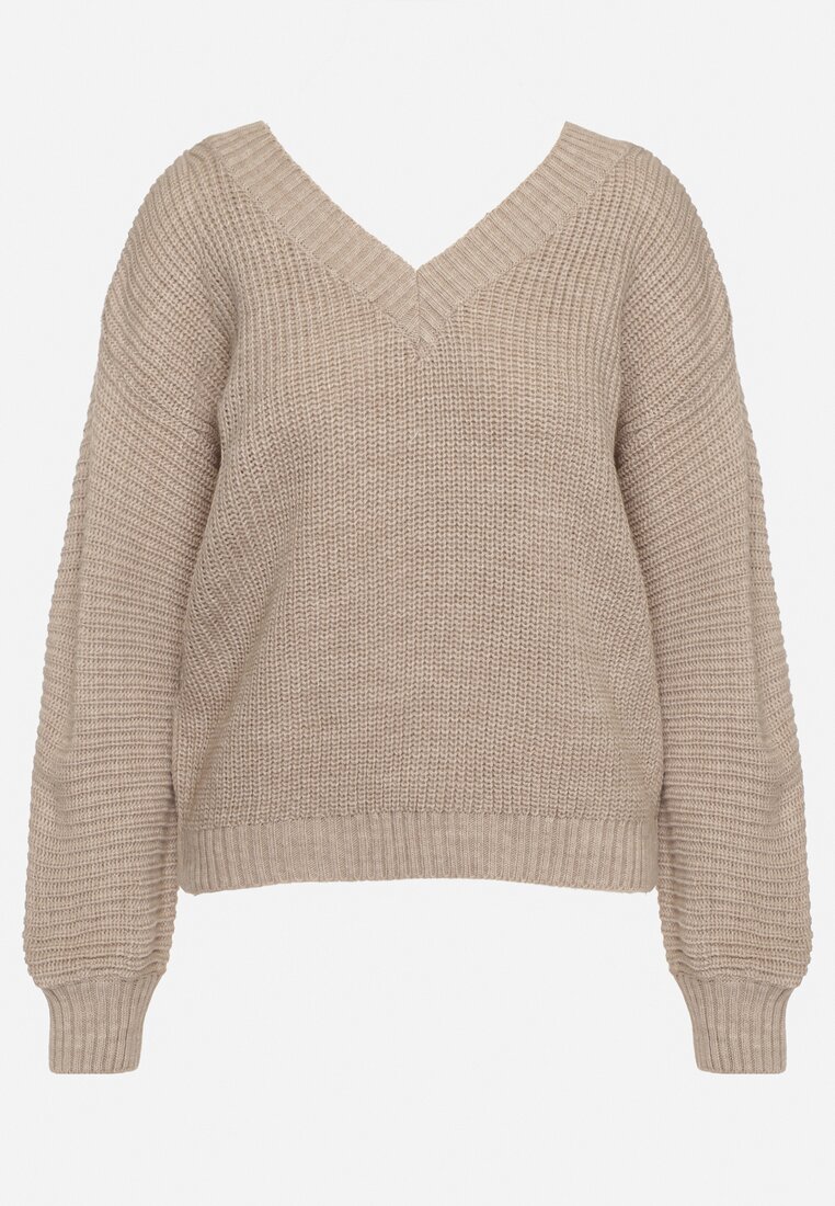 Beżowy Sweter z Trójkątnym Dekoltem Selucce