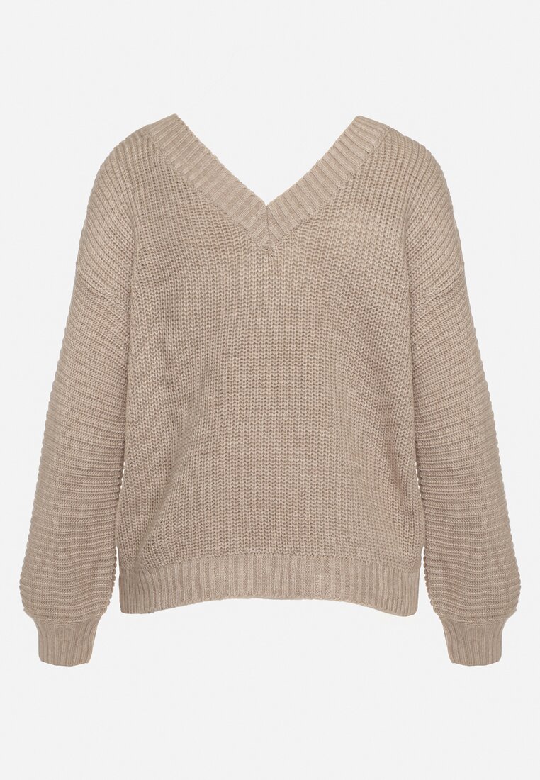Beżowy Sweter z Trójkątnym Dekoltem Selucce