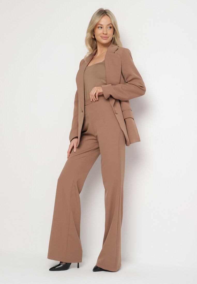 Jasnobrązowe Spodnie o Kroju Dzwonów  z Wysokim Stanem i Imitacją Kieszonek Zinire