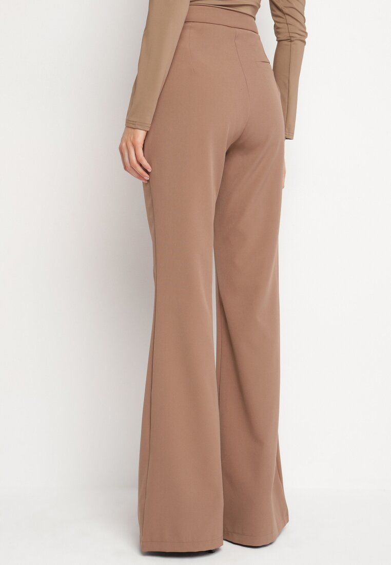 Jasnobrązowe Spodnie o Kroju Dzwonów  z Wysokim Stanem i Imitacją Kieszonek Zinire