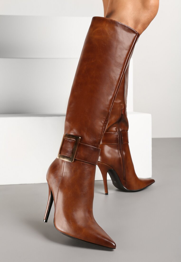 Brązowe Kozaki na Szpilce Ozdobione Klamrą Innadora