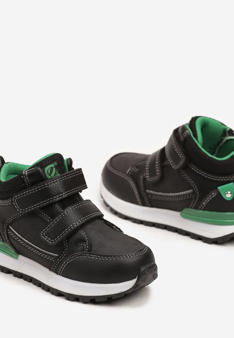 Czarno-Zielone Płaskie Botki w Stylu Sneakersów Ozdobione Przeszyciami Derizia