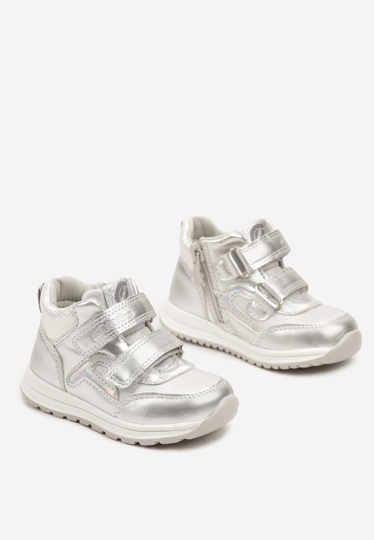Srebrne Botki Clibee w Stylu Sneakersów ze Skórzaną Wkładką Ozdobione Przeszyciami Romisya