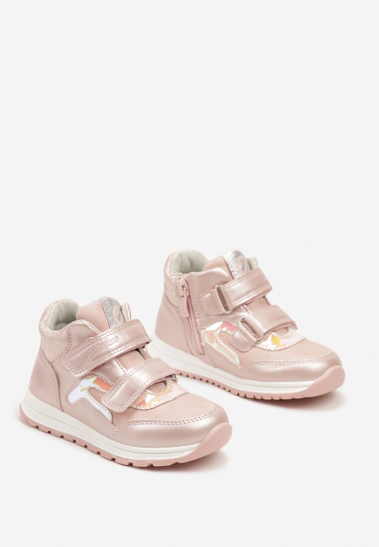 Różowe Botki Clibee w Stylu Sneakersów ze Skórzaną Wkładką Ozdobione Przeszyciami Romisya