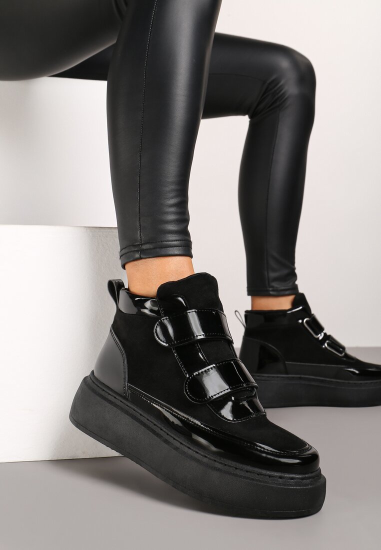 Czarne Botki Typu Sneakersy na Platformie Zapinane na Rzep Savandria