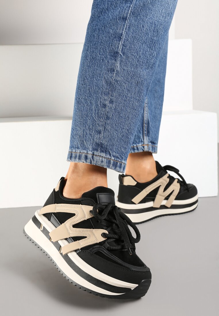 Czarno-Beżowe Sznurowane Sneakersy na Grubej Podeszwie z Paskami Innaretis