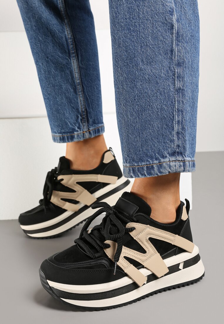 Czarno-Beżowe Sznurowane Sneakersy na Grubej Podeszwie z Paskami Innaretis
