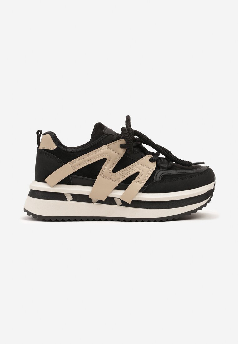 Czarno-Beżowe Sznurowane Sneakersy na Grubej Podeszwie z Paskami Innaretis