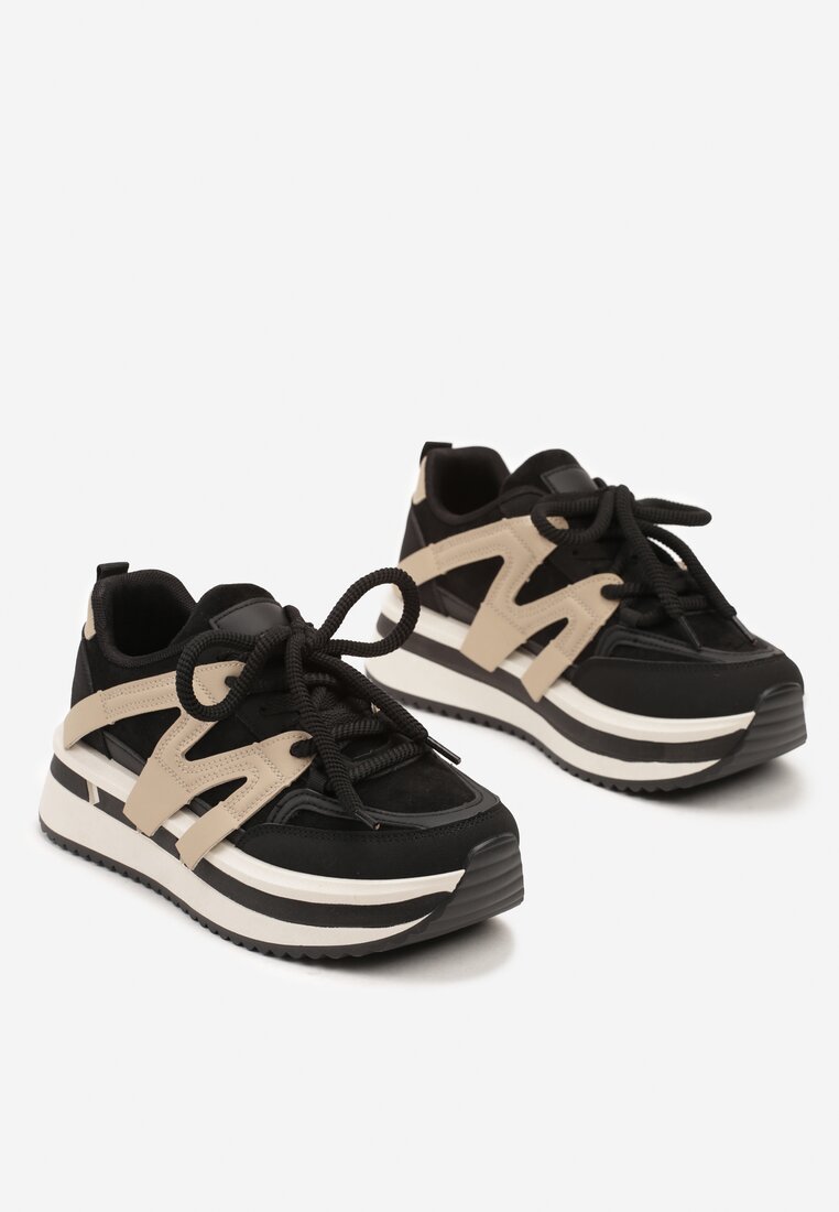 Czarno-Beżowe Sznurowane Sneakersy na Grubej Podeszwie z Paskami Innaretis