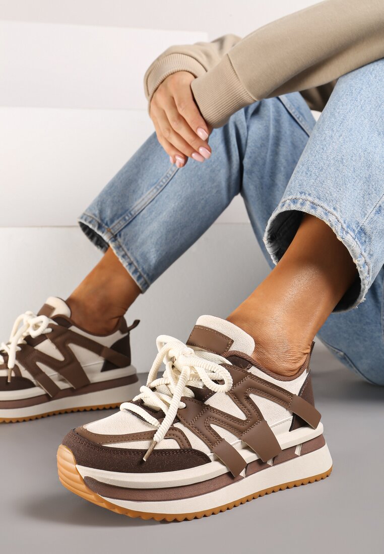 Brązowo-Beżowe Sznurowane Sneakersy na Grubej Podeszwie z Paskami Innaretis