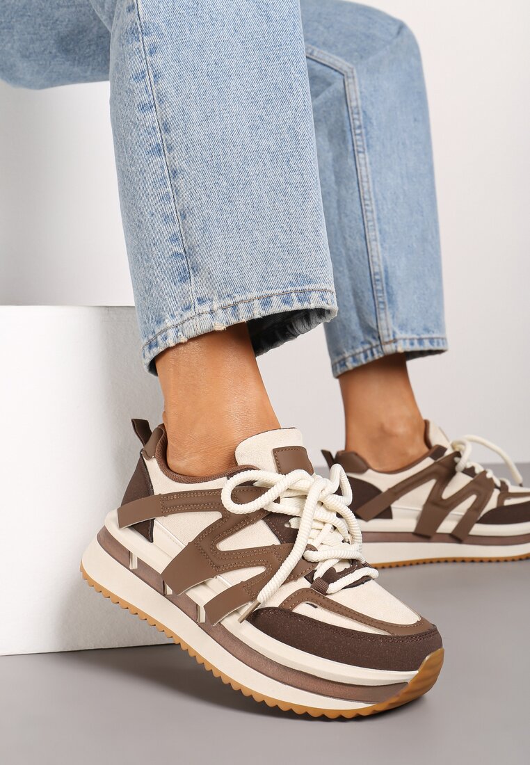 Brązowo-Beżowe Sznurowane Sneakersy na Grubej Podeszwie z Paskami Innaretis